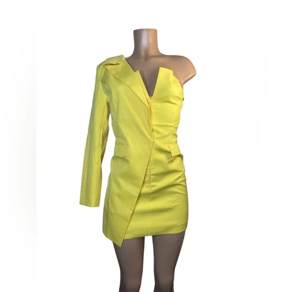 Blazer dress with one shoulder yellow unique piece size small - Picture 2 of 14